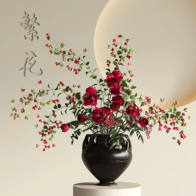 Elegant Black Ceramic Vase With Red Peonies Green Leaves And Circular Decor 3d model
