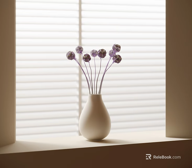 Purple Flowers In White Vase On Window Sill With Natural Light Blinds 3d model 