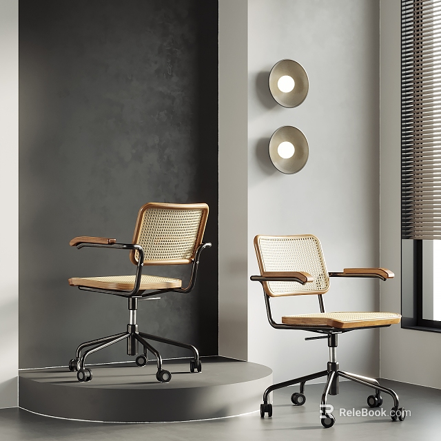 Modern Office Chairs With Woven Backrests Wooden Armrests Metal Base And Wheels In Minimalist Room 3d model 