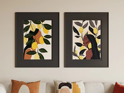 Vibrant Abstract Painting With Lemon Leaves Black Frame And Figures On Wall 3d model