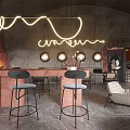 Bar Interior Design Featuring Industrial Style Neon Sign Round Windows Tables And Sculpture