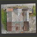 Old Red Brick Building Model Featuring Rusted Metal Roof Multiple Windows Red Doors