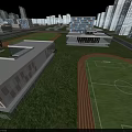 Modern School Building Complex With Football Field Running Track And Green Grass Campus