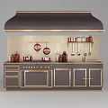 Stylish Kitchen Interior With Black Range Hood Copper Pans Metallic Backsplash And Cabinets 3d model