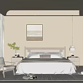Modern Minimalist Bedroom Interior Design With Wooden Bed Wall Art Nightstand Lamp And Armchair