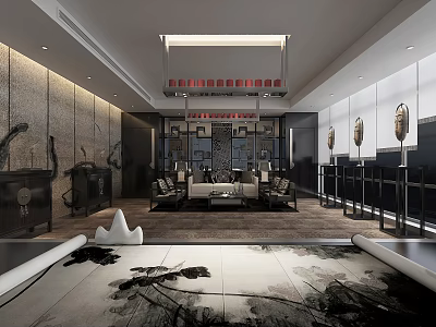 Traditional Chinese Office Interior Design With Sofa Coffee Table Area Rug And Pendant Light 3d model