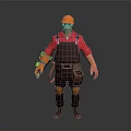 3D Construction Worker Character With Orange Helmet Red Shirt And Brown Overalls Tool Belt