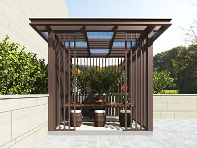 Outdoor Wooden Pavilion With Glass Roof And Garden Furniture Surrounded By Green Plants 3d model