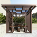 Outdoor Wooden Pavilion With Glass Roof And Garden Furniture Surrounded By Green Plants