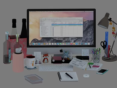 Modern Desktop Computer Workspace With Document On Screen And Office Supplies 3d model