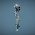Silver Alien With Large Head Big Black Eyes Hands On Abdomen And Light Blue Background