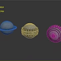 Metallic Spheres With Different Mechanical Designs Blue Accents Gear Details And Red Center