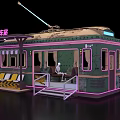 Art Installation Vintage Tram With Weathered Exterior On Platform Featuring Neon Lights And Skeleton Figure