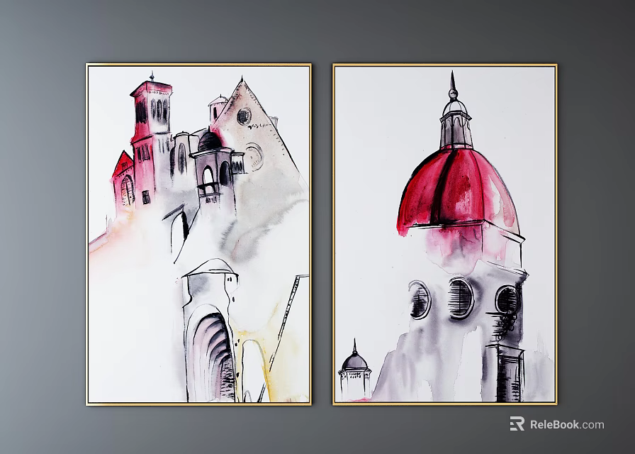 Watercolor Architecture Paintings With Red Dome And European Building Design 3d model 