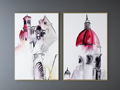Watercolor Architecture Paintings With Red Dome And European Building Design 3d model