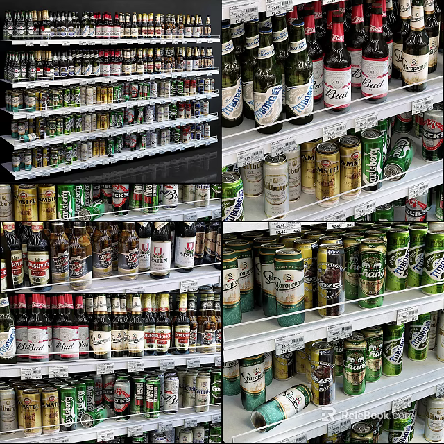 Retail Display Shelves Stocked with Various Neatly Arranged Beer Bottles and Cans 3d model 