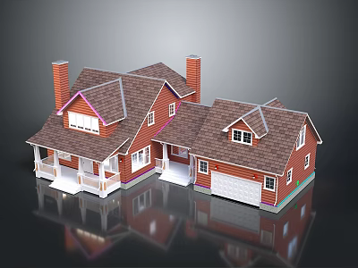 Two Story Red Exterior Single Family House With Brown Roof Porch And Two Car Garage 3d model