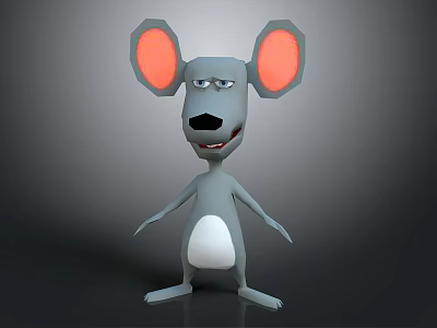 3D Animated Game Movie Character Gray Mouse Large Pink Ears White Belly Standing Smiling Pose 3d model