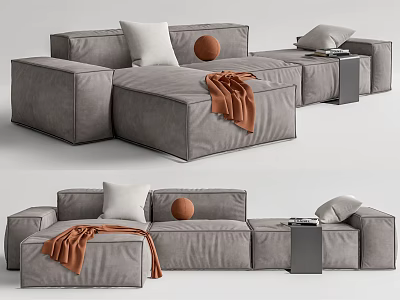Modern Gray Sectional Sofa With White Cushion Brown Round Pillow Orange Blanket And Side Table 3d model
