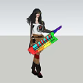 Women Wearing Black Glasses White Skull Shirt Brown Pants Holding Colorful Keyboard Instrument