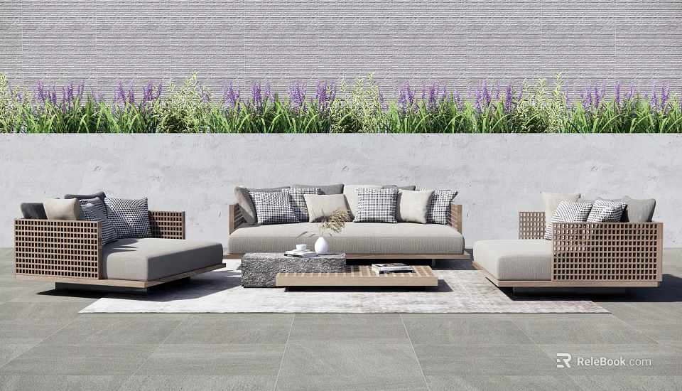 Light Colored Outdoor Sofa Set with Woven Cushions Coffee Table and Gray Wall Plants 3d model 
