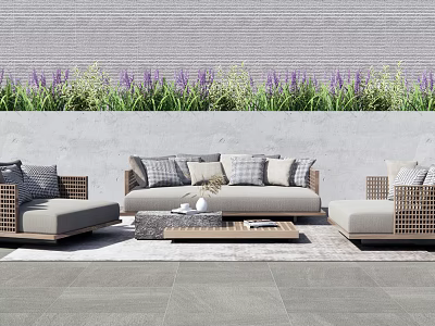 Light Colored Outdoor Sofa Set with Woven Cushions Coffee Table and Gray Wall Plants 3d model