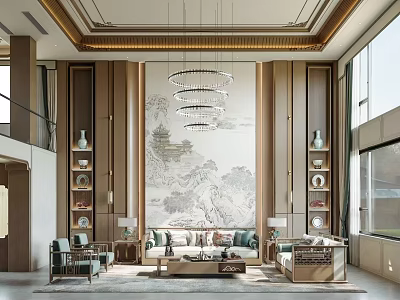 Elegant Duplex Living Room With Crystal Chandelier Landscape Painting Sofa And Decorative Cabinets 3d model