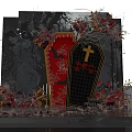 Halloween Photo Check In Spot with Red Black Coffin Cross Floral Decorations Trees Street Lamp