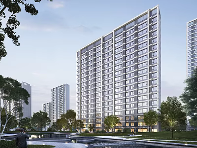 Modern High Rise Residential Building Surrounded by Greenery Water Features and Landscaped Area 3d model