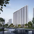 Modern High Rise Residential Building Surrounded by Greenery Water Features and Landscaped Area