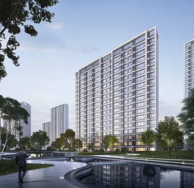 Modern High Rise Residential Building Surrounded by Greenery Water Features and Landscaped Area 3d model