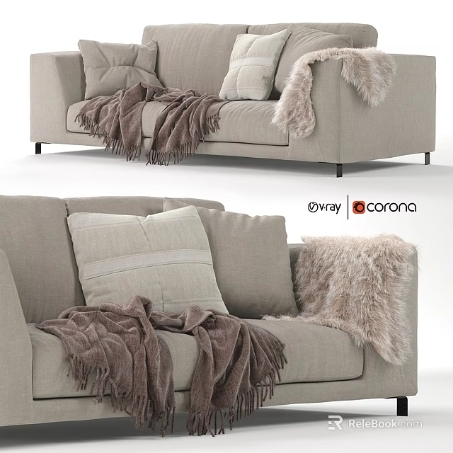 Light Gray Fabric Sofa Set With Decorative Pillows And Furry Throws 3d model 