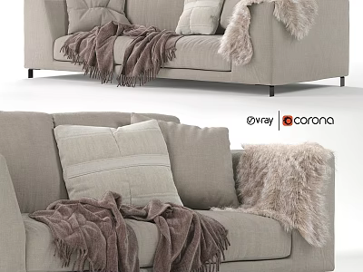 Light Gray Fabric Sofa Set With Decorative Pillows And Furry Throws 3d model