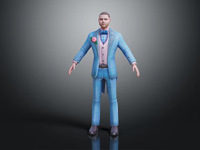 3D Male Character In Light Blue Suit With Pink Vest And Rose Decoration Standing Pose 3d model