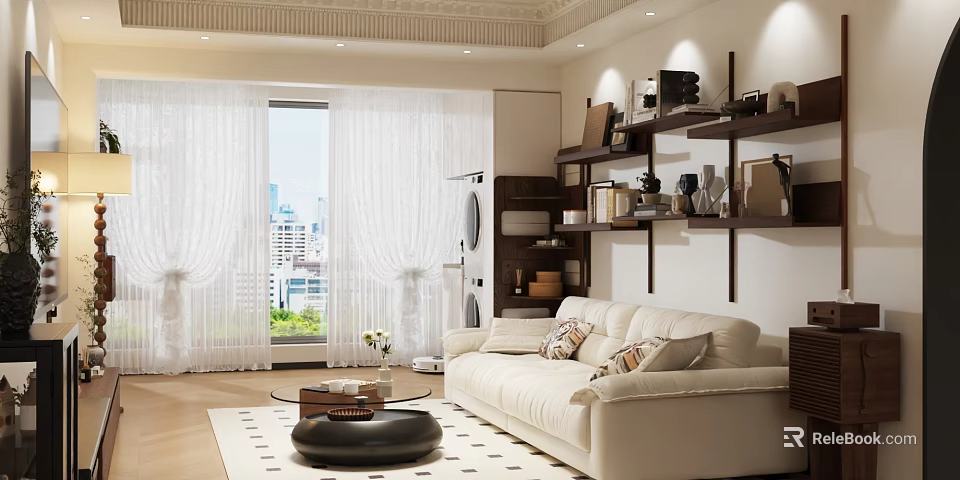 Bright Modern Living Room Interior With White Sofa Black Coffee Table And City View 3d model 