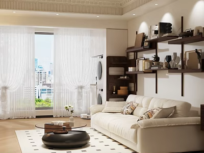Bright Modern Living Room Interior With White Sofa Black Coffee Table And City View 3d model
