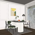 Dining Table Set With Marble Top Green Beige Chairs Floor Lamp Abstract Painting Fruit Bowl