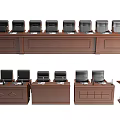 Brown Wooden Conference Table Setup With Multiple Black Chairs And Podium 3d model