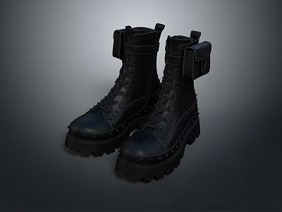 Durable Black Leather Boots With Thick Soles Lace Up Design For Daily Wear 3d model
