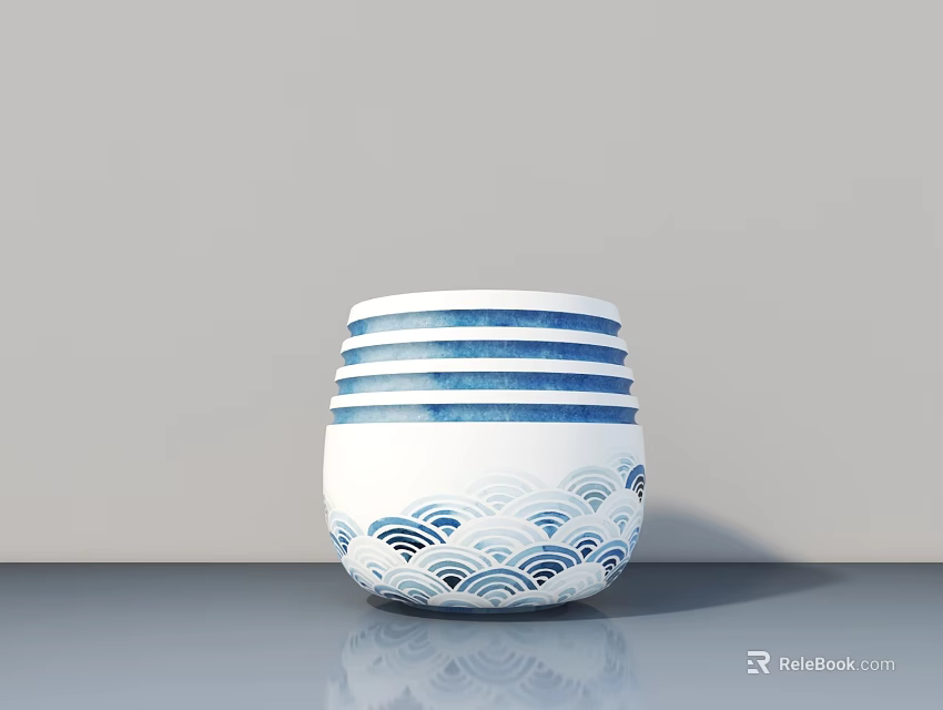 Succulent Plant in Blue and White Ceramic Pot with Wave Pattern on Gray Surface 3d model 
