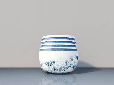 Succulent Plant in Blue and White Ceramic Pot with Wave Pattern on Gray Surface 3d model