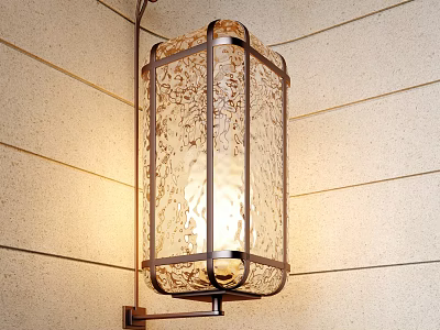 Elegant Wall Lamp with Metal Frame and Patterned Glass Illuminating Stone Wall 3d model