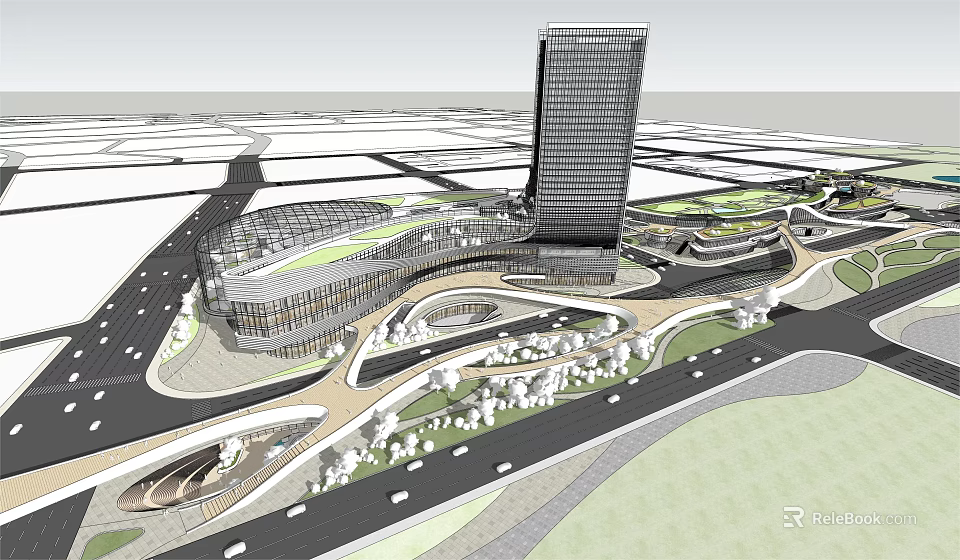 Modern Office Building With Tall Tower And Surrounding Green Spaces And Roads 3d model 