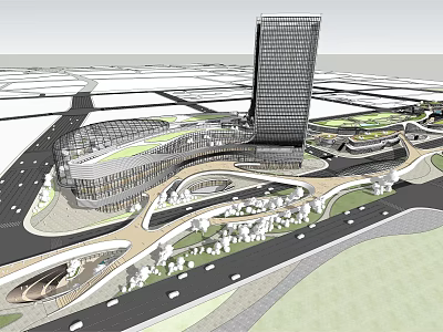 Modern Office Building With Tall Tower And Surrounding Green Spaces And Roads 3d model