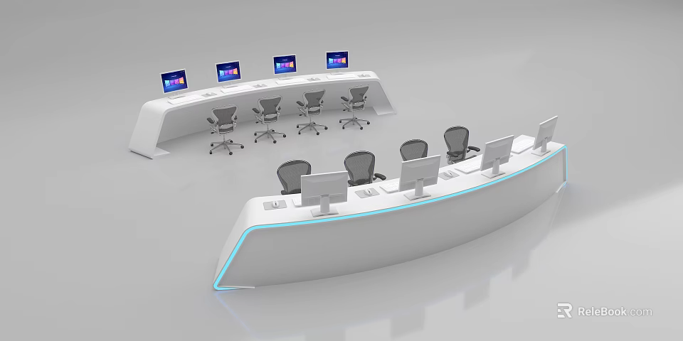 White Curved Console Desk With Modern Design Multiple Monitors And Gray Office Chairs 3d model 