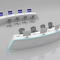 White Curved Console Desk With Modern Design Multiple Monitors And Gray Office Chairs