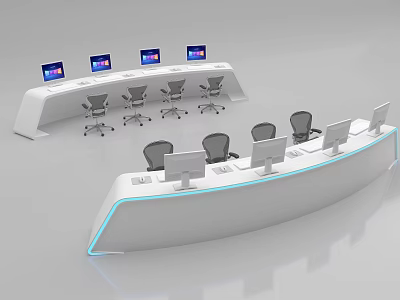 White Curved Console Desk With Modern Design Multiple Monitors And Gray Office Chairs 3d model