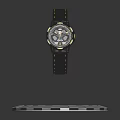 Elegant Black Leather Strap Watch Featuring Intricate Dial Gold Accents Floating On Illuminated Circular Base