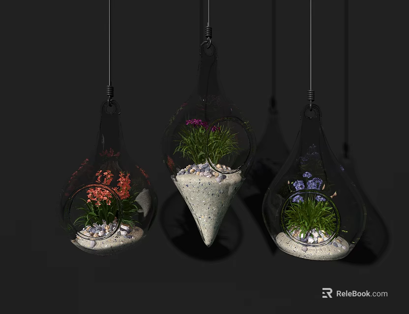 Transparent Teardrop Shaped Hanging Decorations With Sand And Green Pink Purple Flowers 3d model 