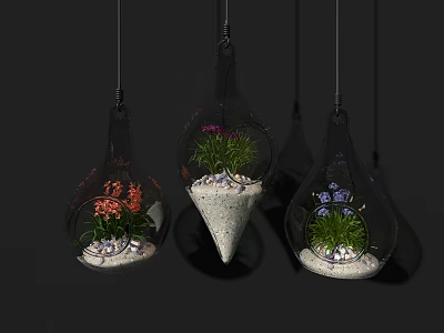 Transparent Teardrop Shaped Hanging Decorations With Sand And Green Pink Purple Flowers 3d model